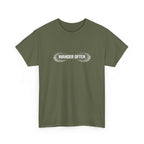 Green t-shirt with 'Wander Often' text on a white background