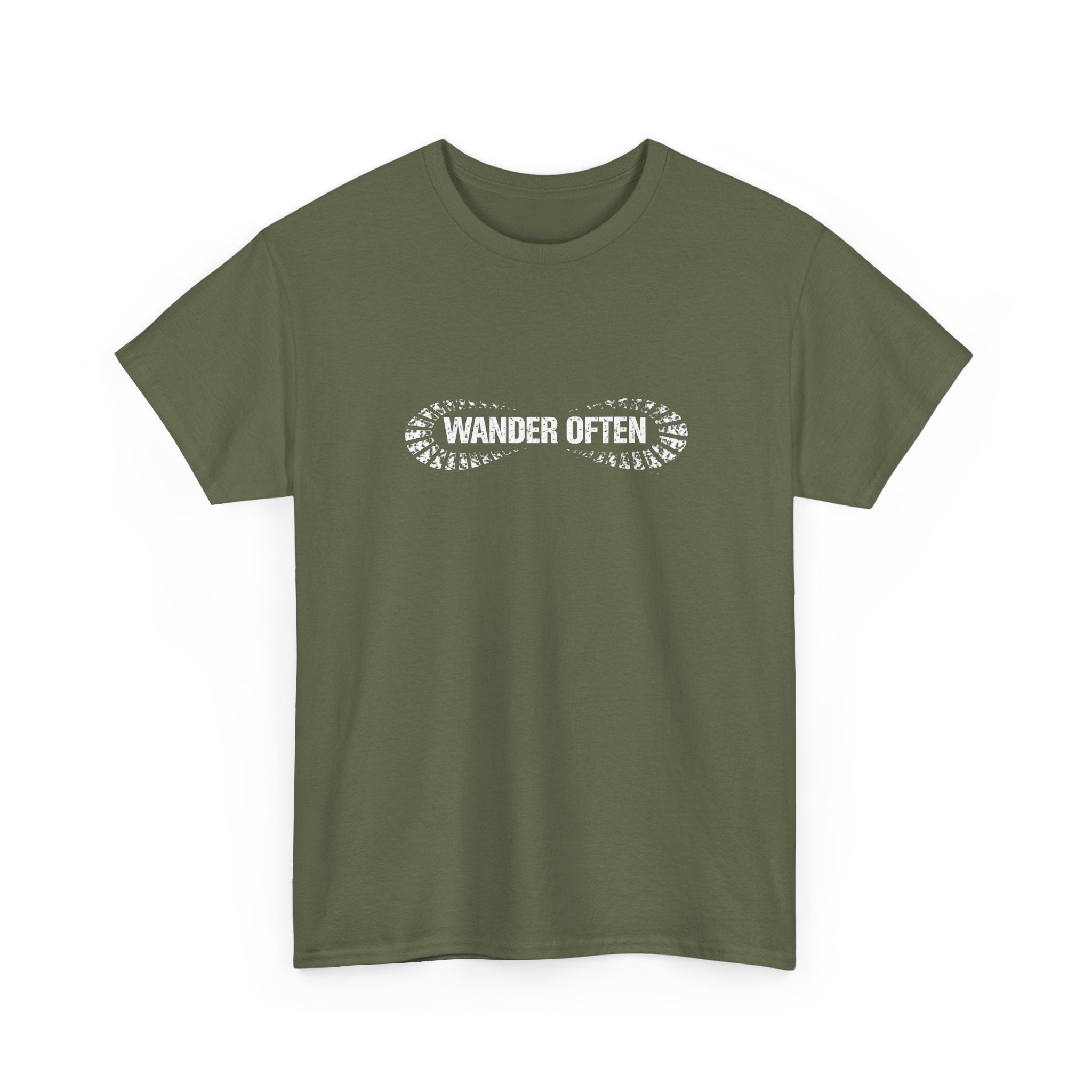 Green t-shirt with 'Wander Often' text on a white background