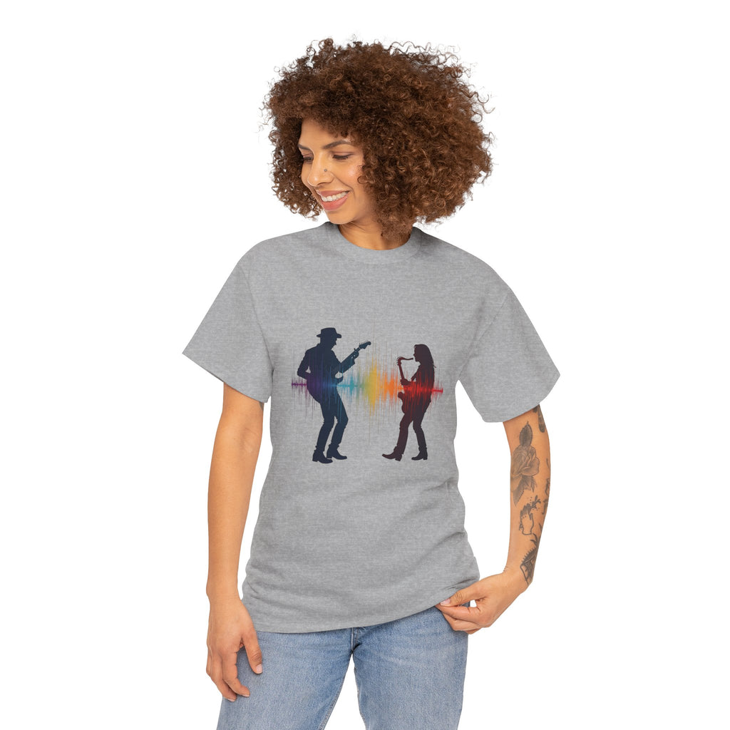 Music Lovers T‑Shirt – Guitarist & Singer Silhouette with Colorful Soundwave