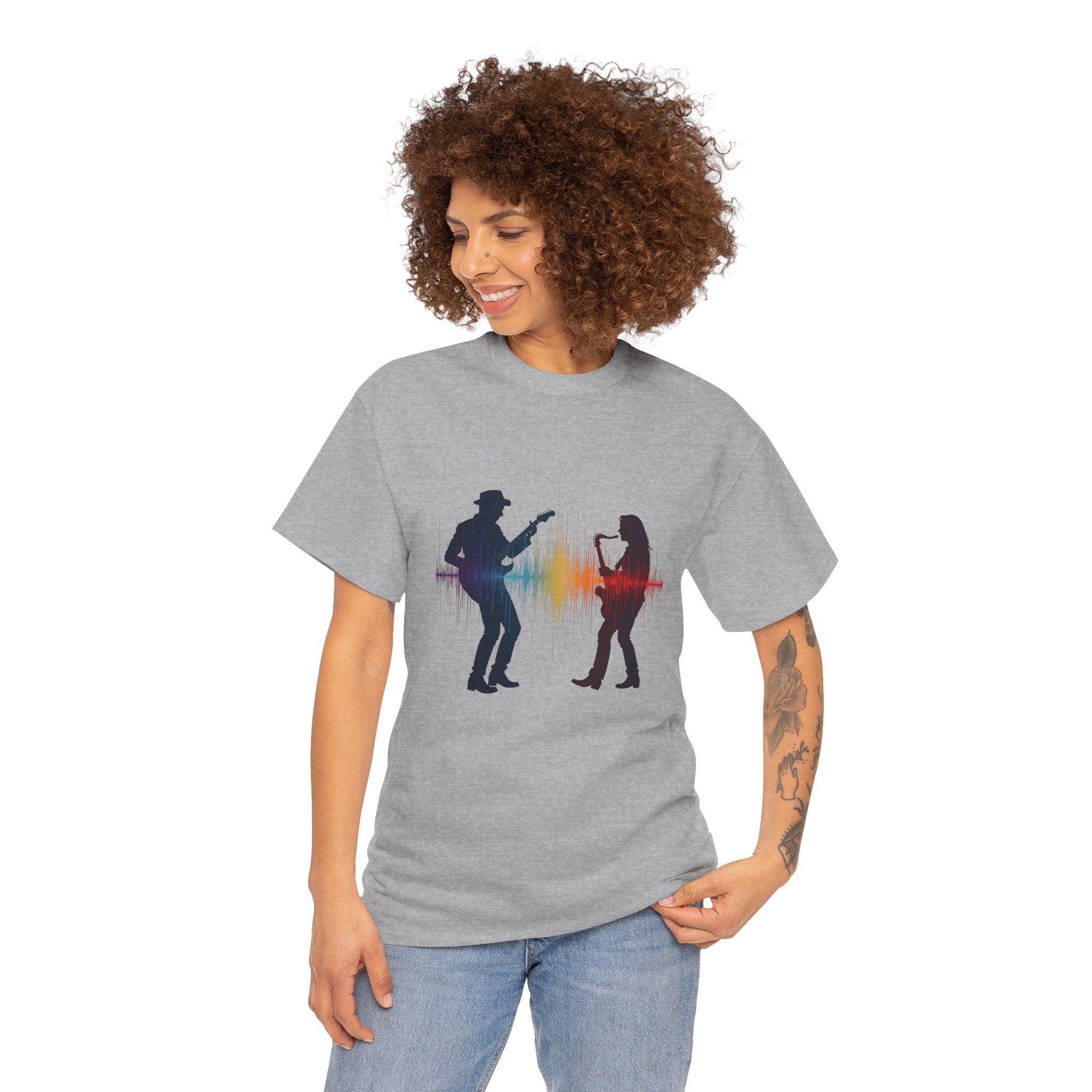 Music Lovers T‑Shirt – Guitarist & Singer Silhouette with Colorful Soundwave