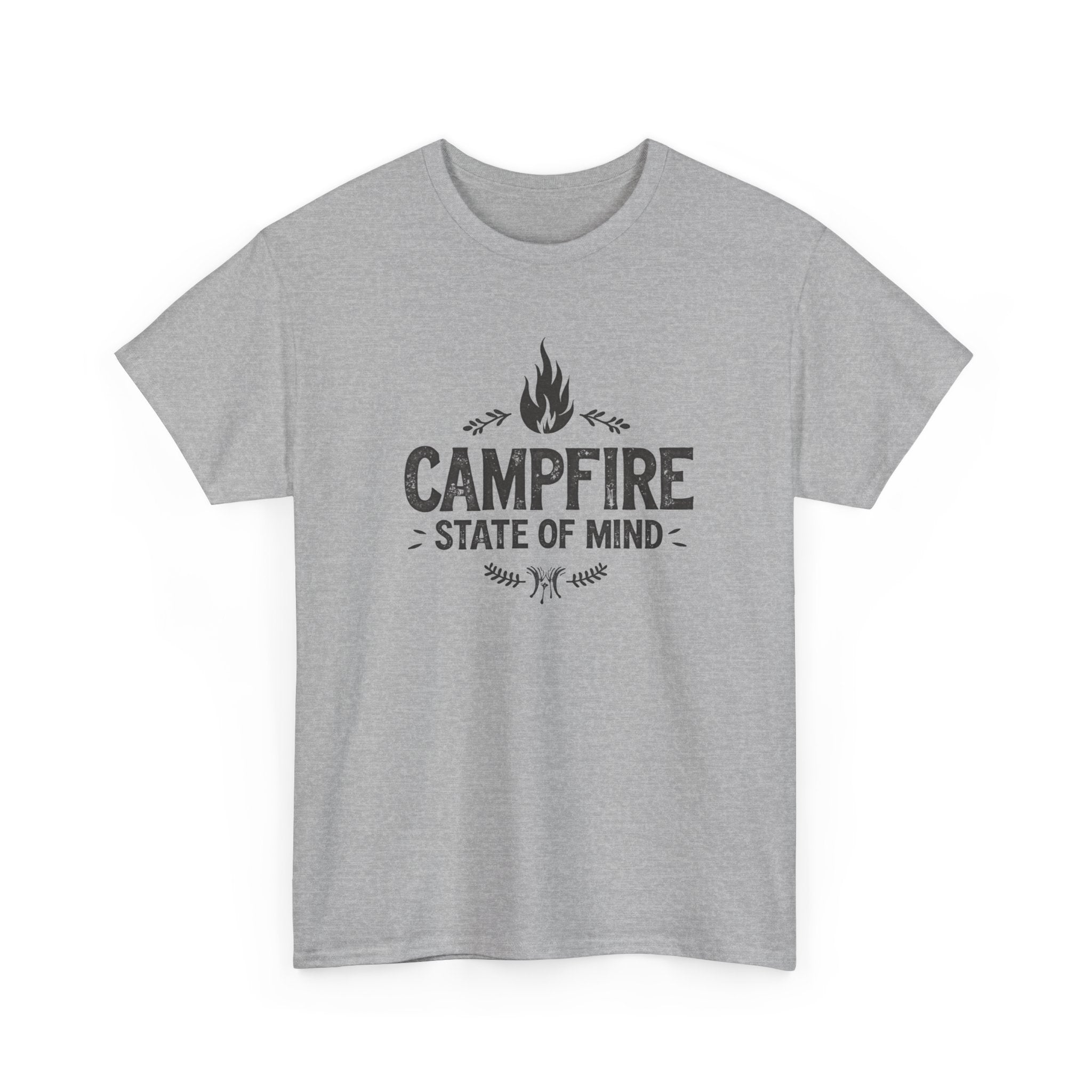 Gray t-shirt with 'Campfire State of Mind' text on a white background