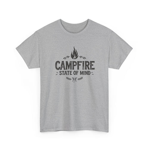 Gray t-shirt with 'Campfire State of Mind' text on a white background