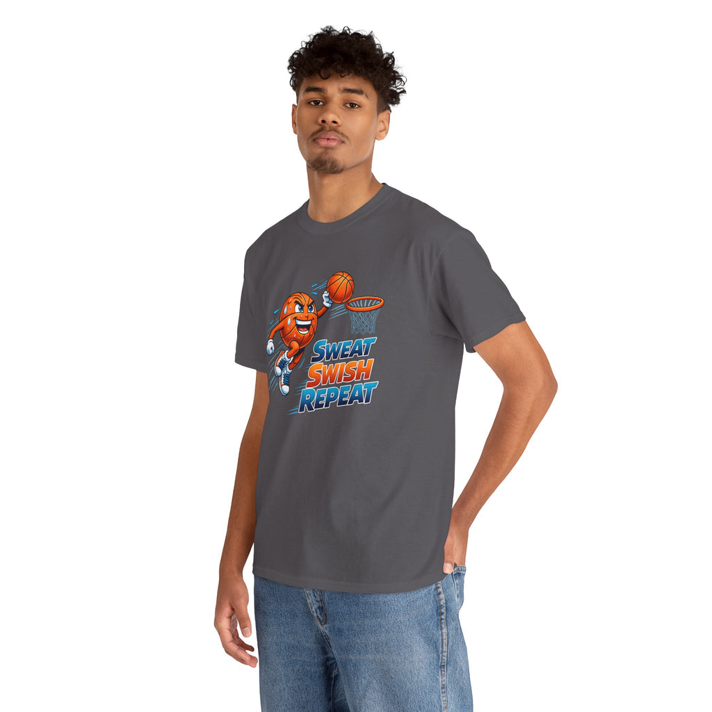 Sweat Swish Repeat Basketball T‑Shirt — Fun Hoop Cartoon Graphic Tee