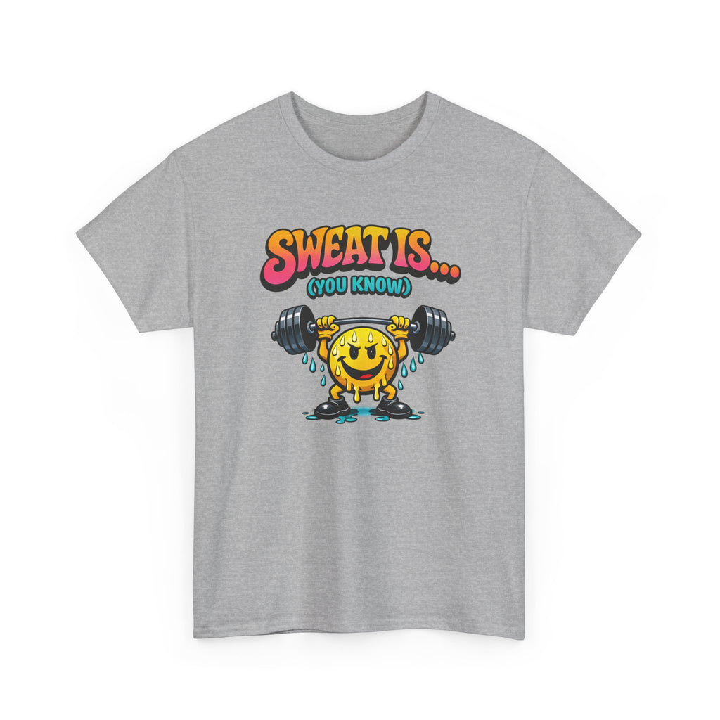 Retro Workout Tee — "Sweat Is... (You Know)" Smiley Weightlifting Fat Crying Graphic Shirt