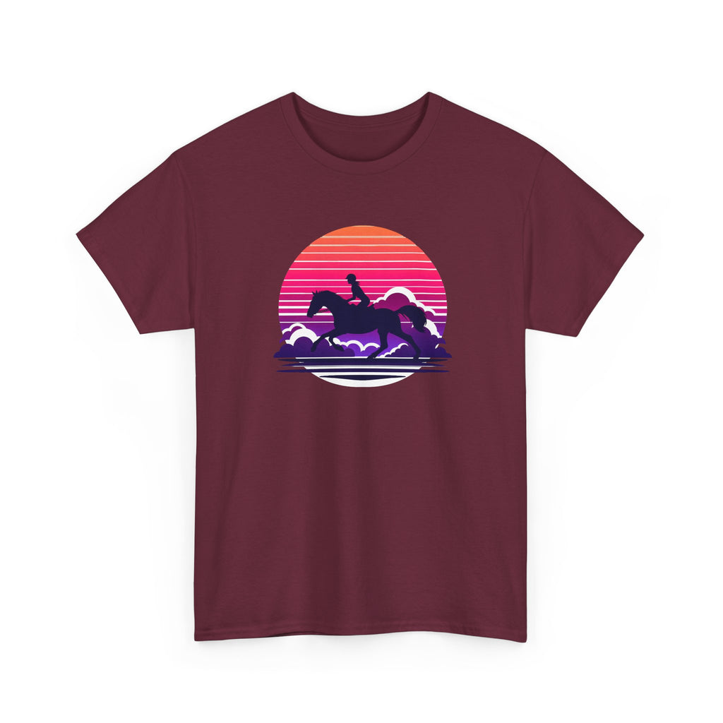 Woman Ride Horse Sunset T-Shirt — Retro Silhouette Beach Vibe Tee