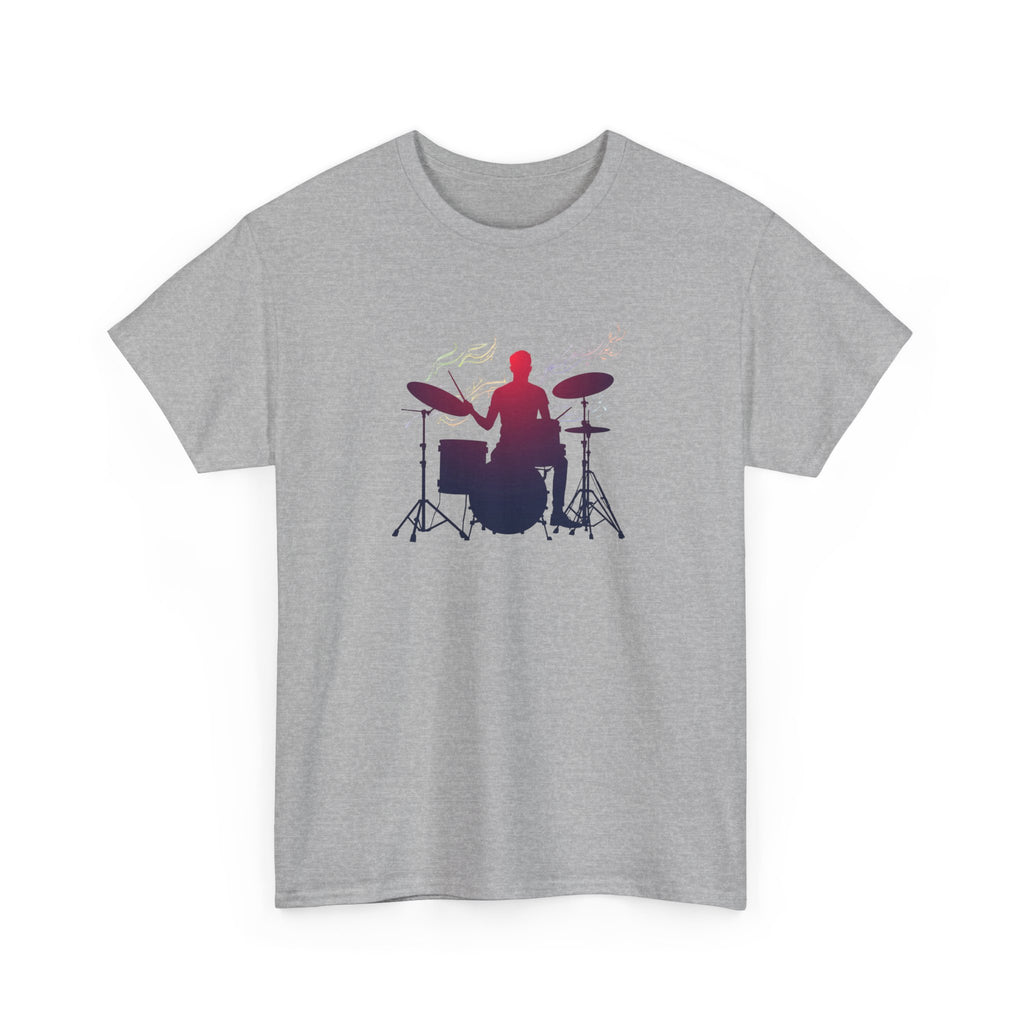 Drummer Silhouette T‑Shirt — Gradient Drum Kit Tee for Musicians & Band Fans
