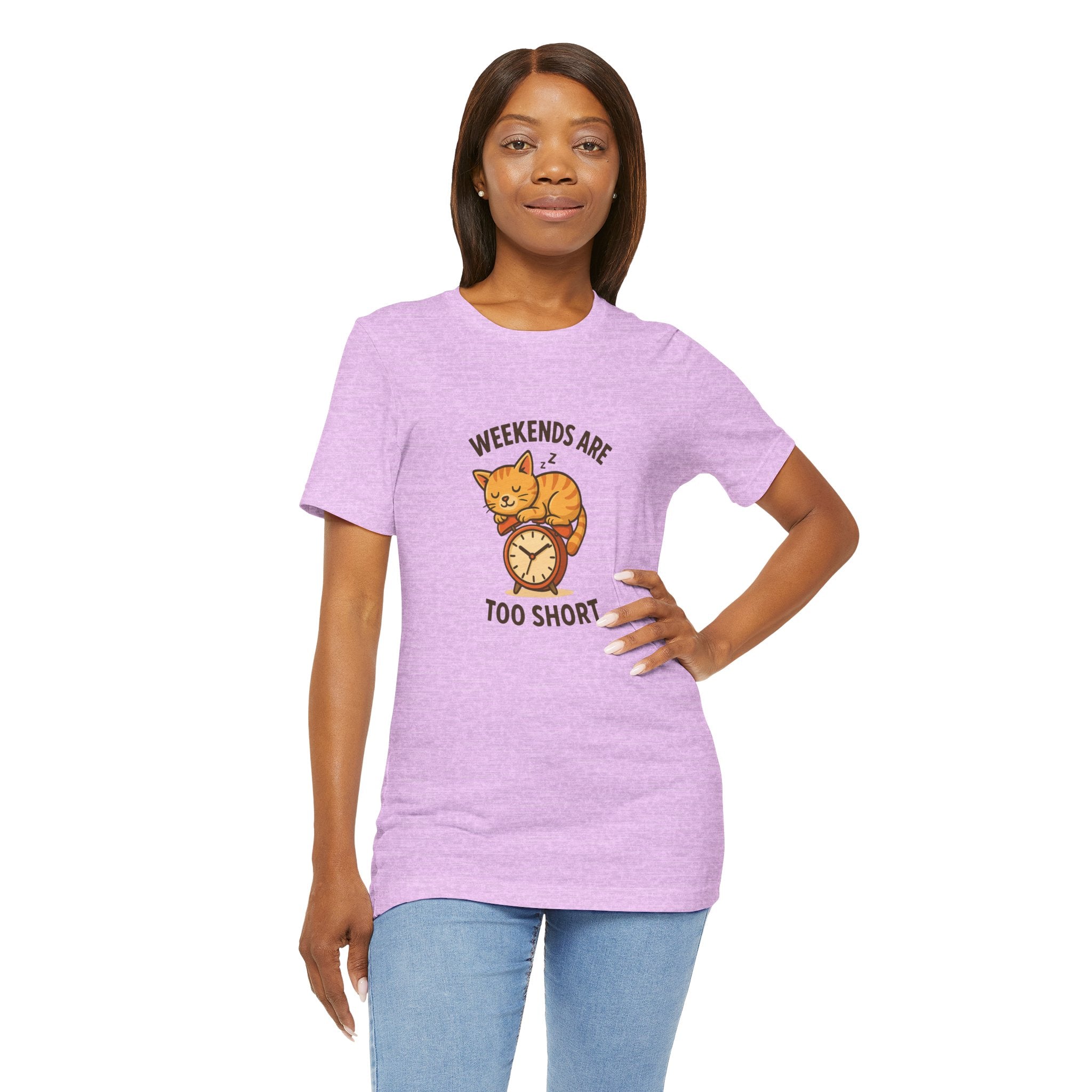 Weekend Are Too Short Cat T-Shirt — "Weekends Are Too Short" Cute Cat on Clock Tee