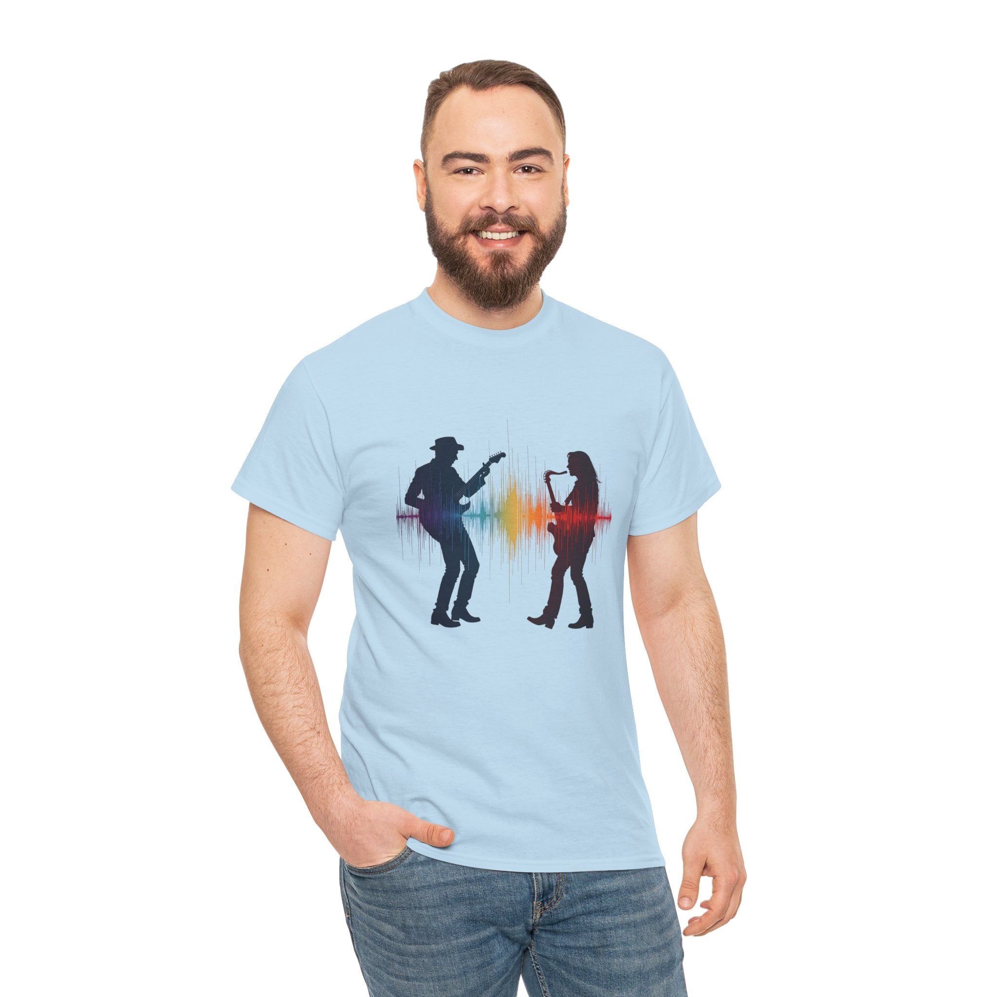 Music Lovers T‑Shirt – Guitarist & Singer Silhouette with Colorful Soundwave