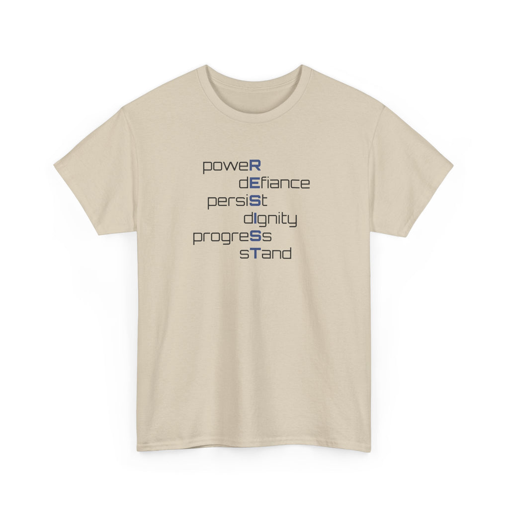 the word 'resist' down the middle with the words power, defiance, persist, dignity, progress, and stand spreading from it