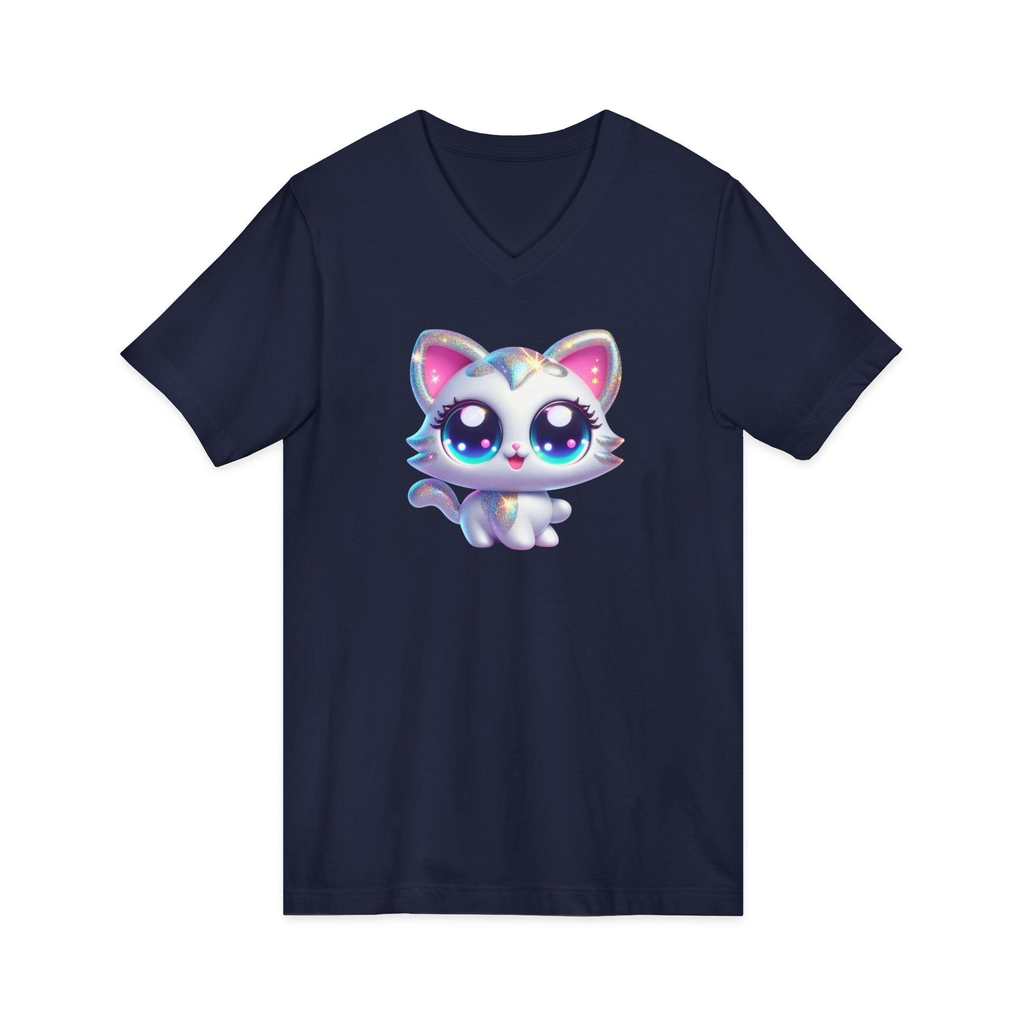 Kawaii Glitter Kitty V-Neck Tee — Cute Big-Eyed Cat Graphic Shirt