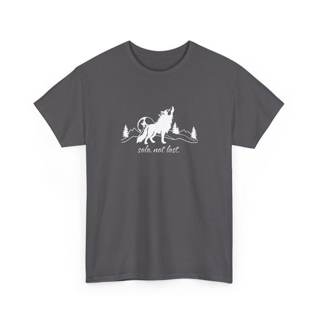 Gray t-shirt with white graphic of a wolf and trees with text 'solo not lost' on a white background