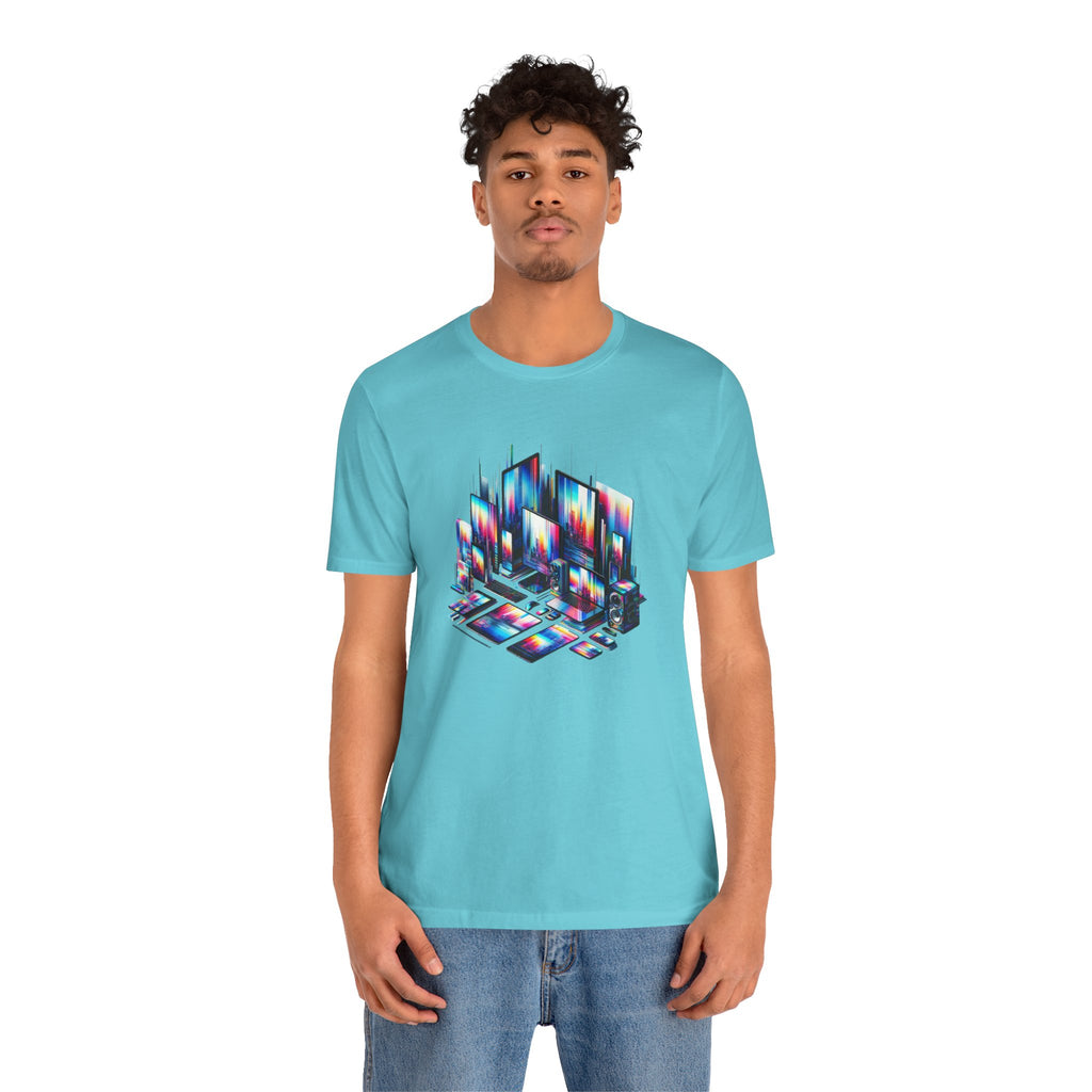 Retro Glitch City T-Shirt — Neon Vaporwave Pixel Tech Devices Tee