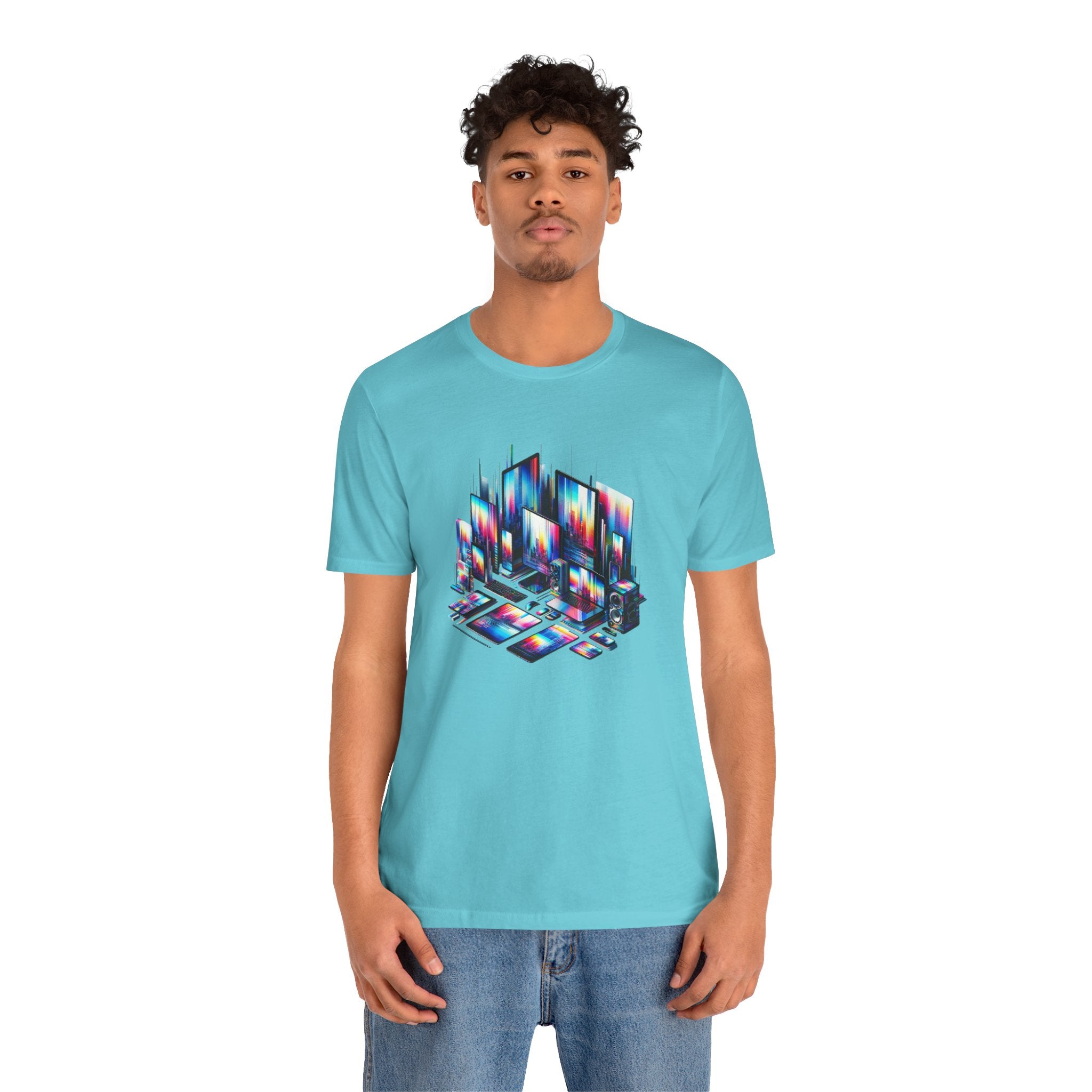 Retro Glitch City T-Shirt — Neon Vaporwave Pixel Tech Devices Tee