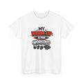 White t-shirt with fitness-themed graphic and text 'my warm-up is your workout' on a white background