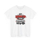White t-shirt with fitness-themed graphic and text 'my warm-up is your workout' on a white background
