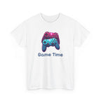 Stylized neon illustration of two video game controllers stacked together in pink and blue with the text ‘Game Time,’ representing gaming culture, esports, and console gaming.