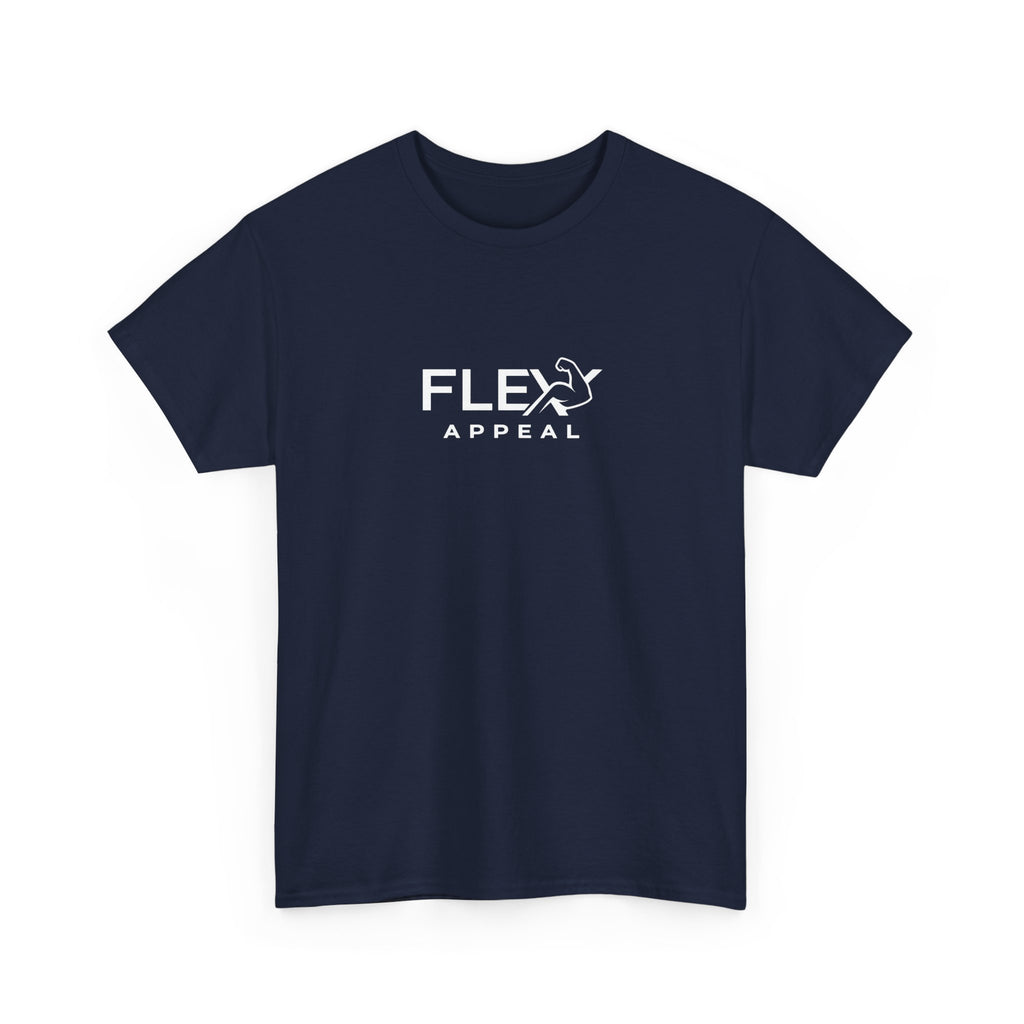 gym workout t-shirt with 'flex appeal' text on a white background