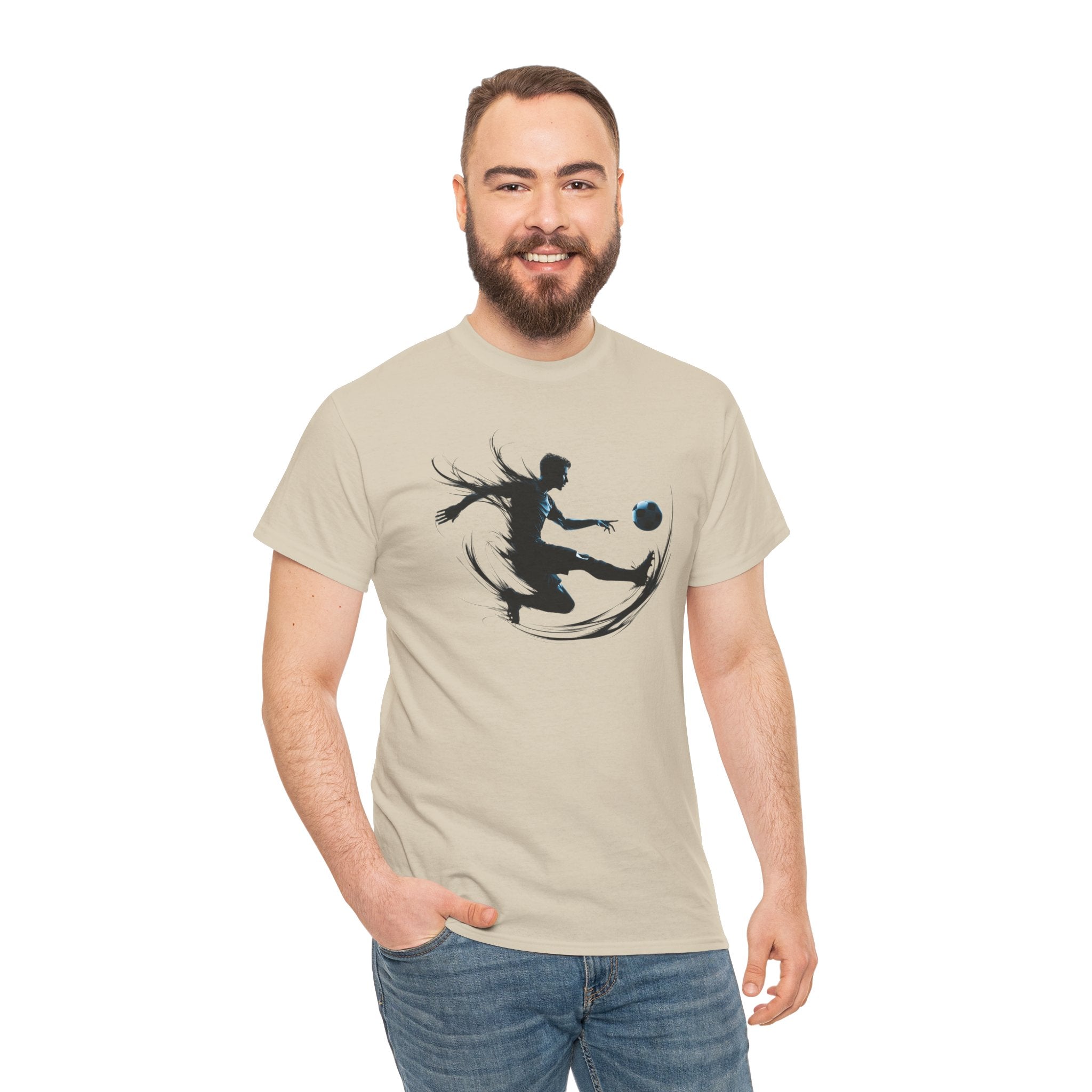 Soccer Player Silhouette Tee — Dynamic Kicking Football Graphic T-Shirt