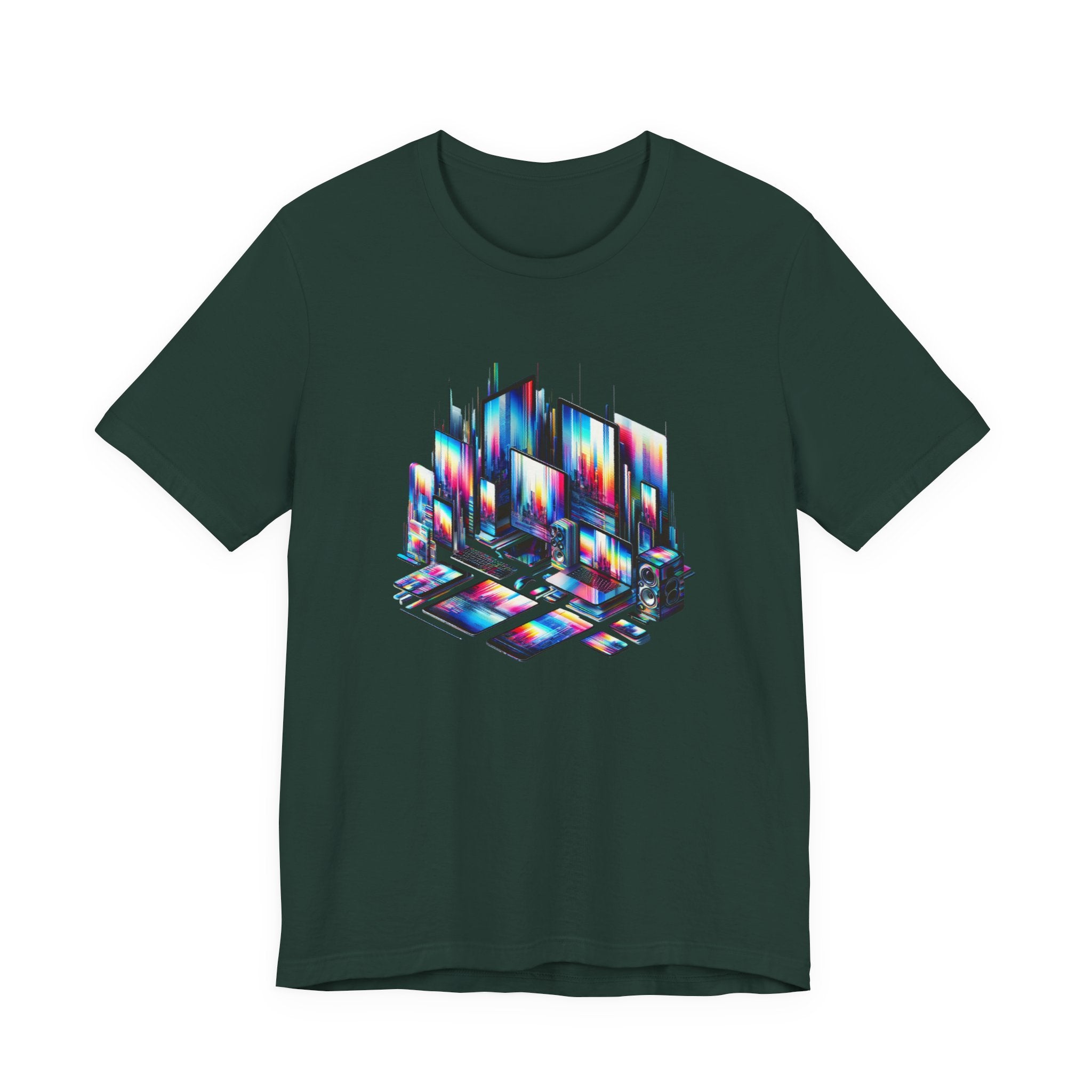 Retro Glitch City T-Shirt — Neon Vaporwave Pixel Tech Devices Tee