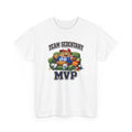 White t-shirt with 'Team Sedentary MVP' graphic design on a white background