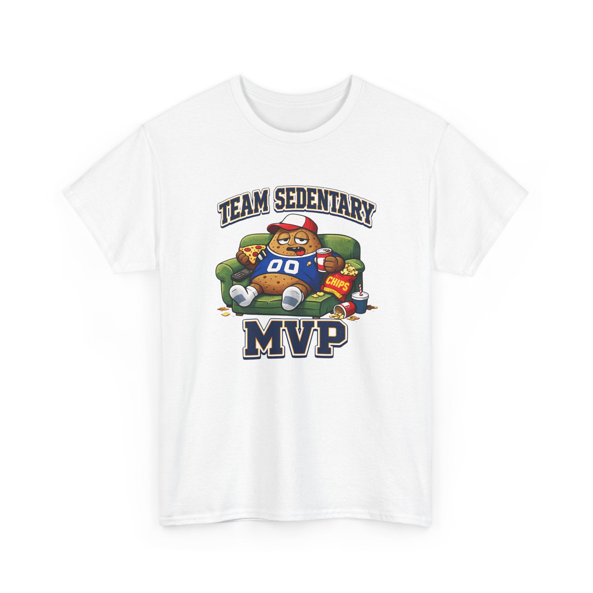 White t-shirt with 'Team Sedentary MVP' graphic design on a white background