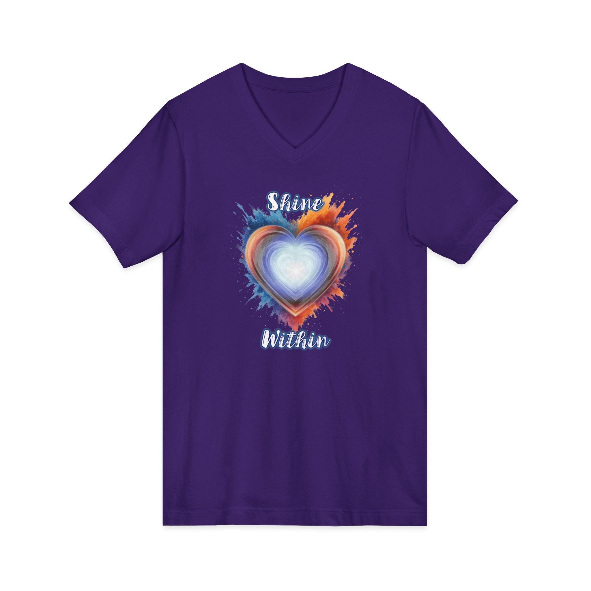 Shine Within V-Neck Tee — Heart Watercolor Splash Flame Design
