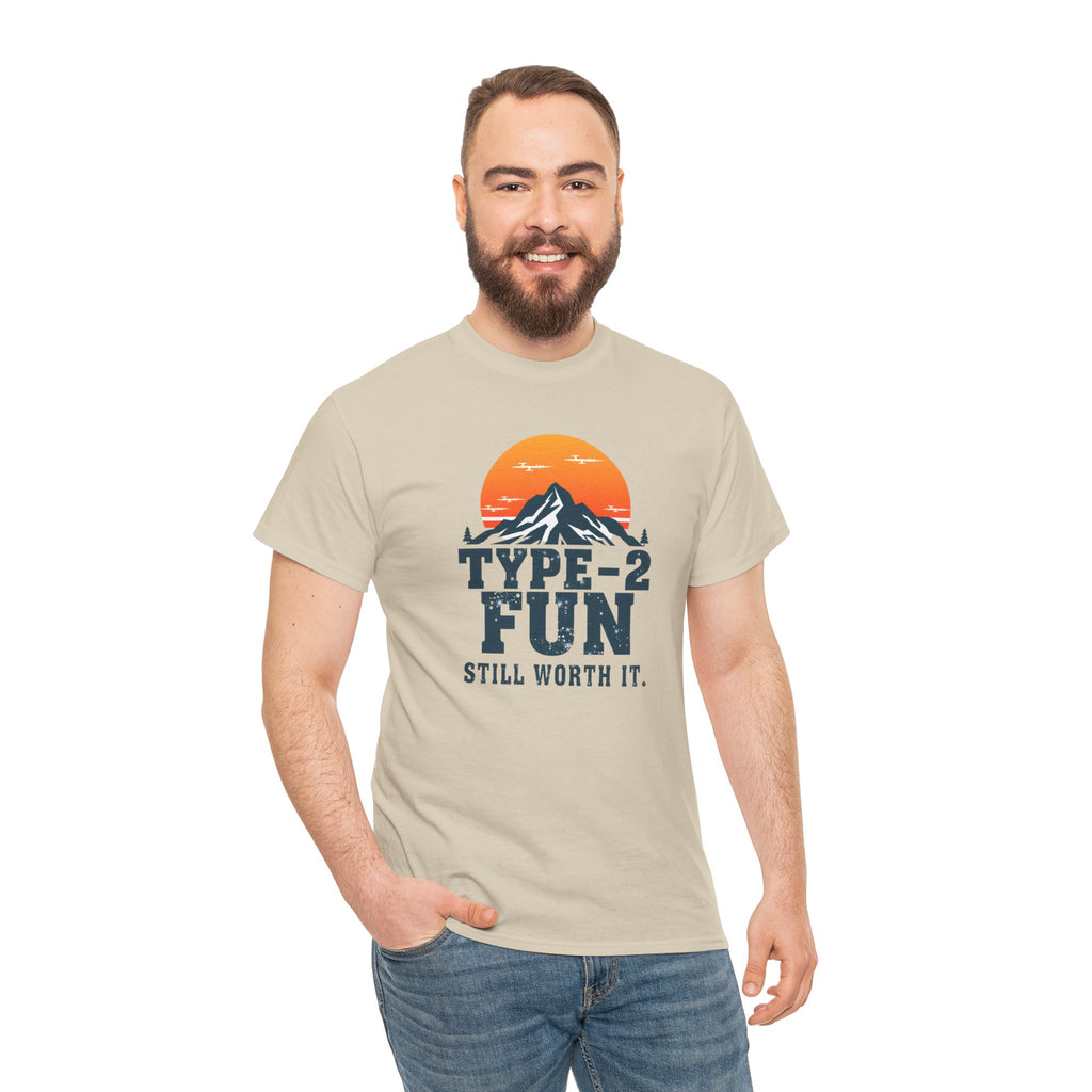 Type‑2 Fun Mountain T‑Shirt — "Type-2 Fun Still Worth It" Retro Sunset Tee