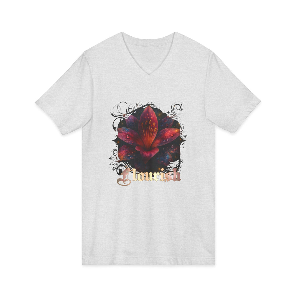 Floral Lily V‑Neck Tee – Dark Garden Bloom Graphic Shirt 'Flourish'