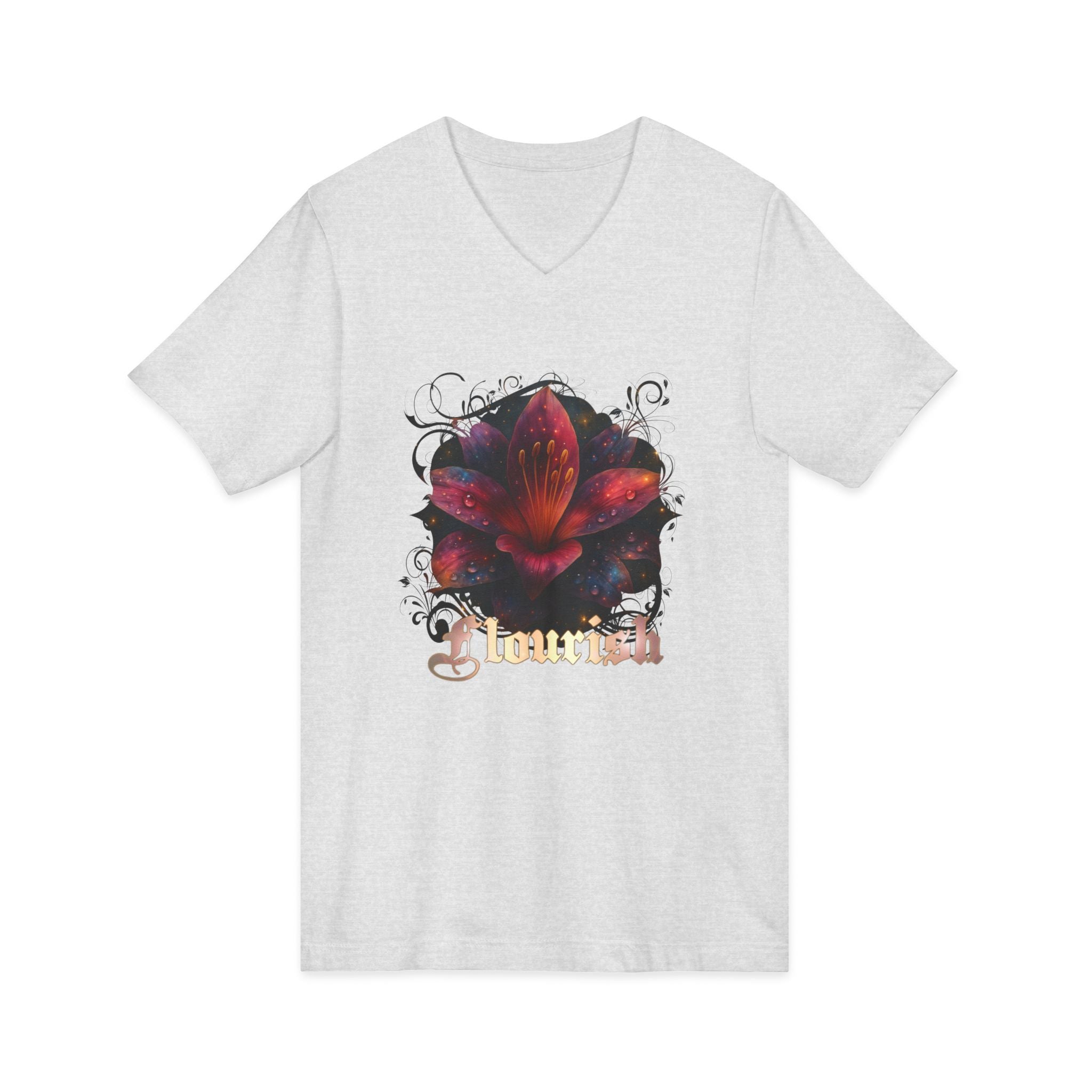 Floral Lily V‑Neck Tee – Dark Garden Bloom Graphic Shirt 'Flourish'