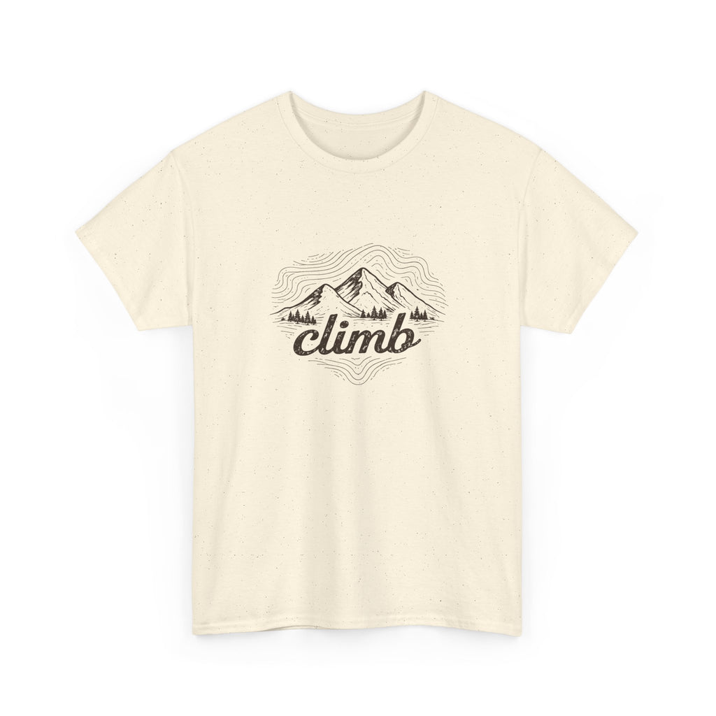 Beige t-shirt with 'climb' and mountain hiking graphic on a white background