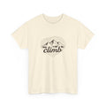 Beige t-shirt with 'climb' and mountain hiking graphic on a white background