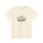 Beige t-shirt with 'climb' and mountain hiking graphic on a white background