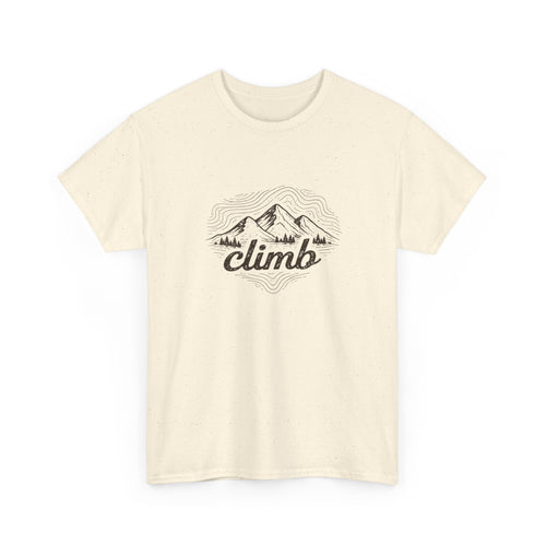Beige t-shirt with 'climb' and mountain hiking graphic on a white background