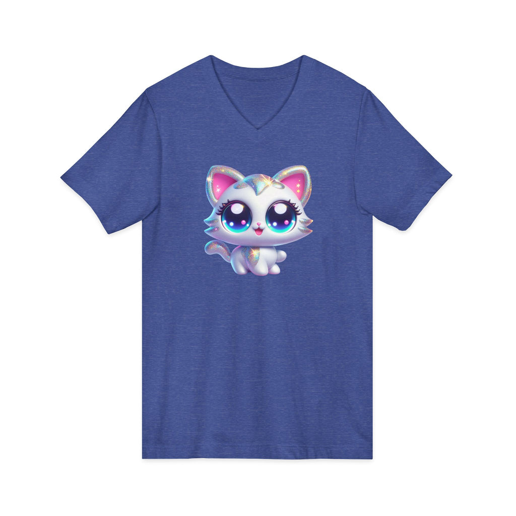 Kawaii Glitter Kitty V-Neck Tee — Cute Big-Eyed Cat Graphic Shirt