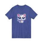 Kawaii Glitter Kitty V-Neck Tee — Cute Big-Eyed Cat Graphic Shirt