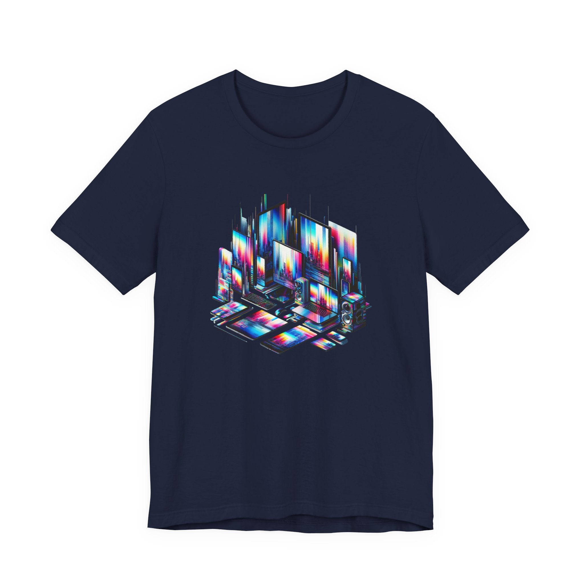 Retro Glitch City T-Shirt — Neon Vaporwave Pixel Tech Devices Tee