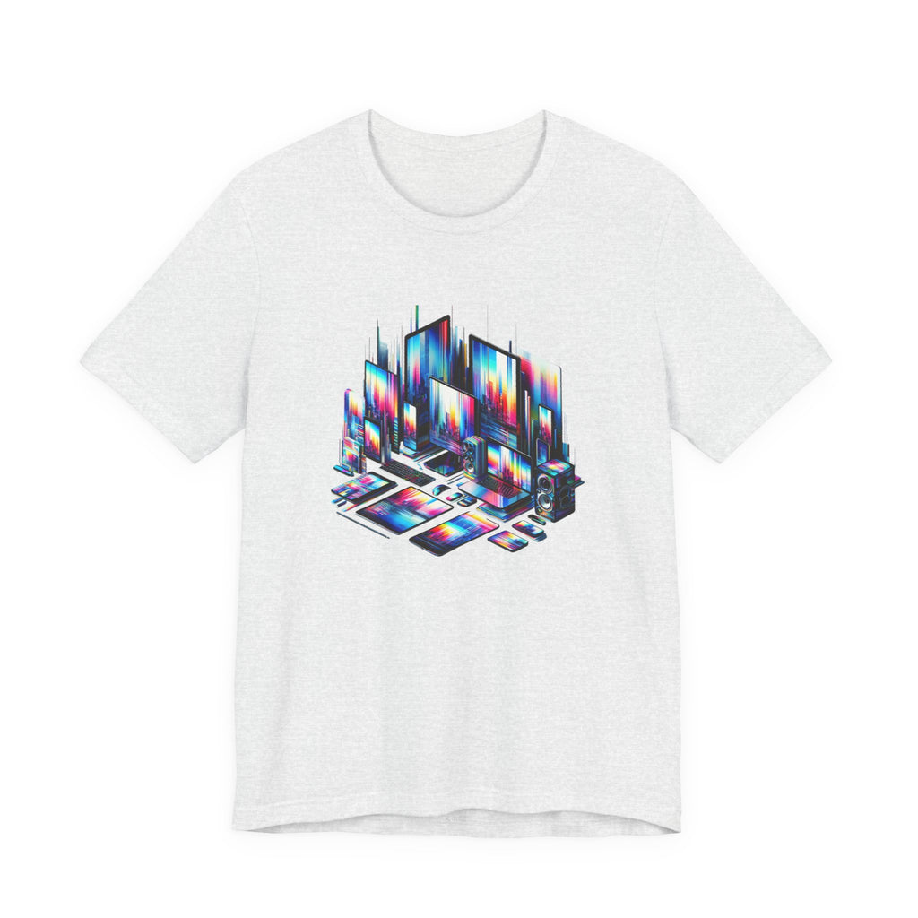 Retro Glitch City T-Shirt — Neon Vaporwave Pixel Tech Devices Tee