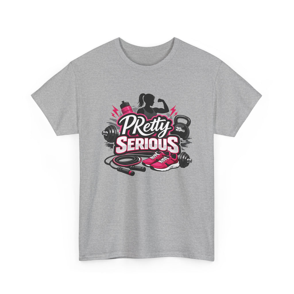 gym workout t-shirt with 'PRetty Serious' fitness graphic design on a white background