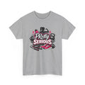 gym workout t-shirt with 'PRetty Serious' fitness graphic design on a white background