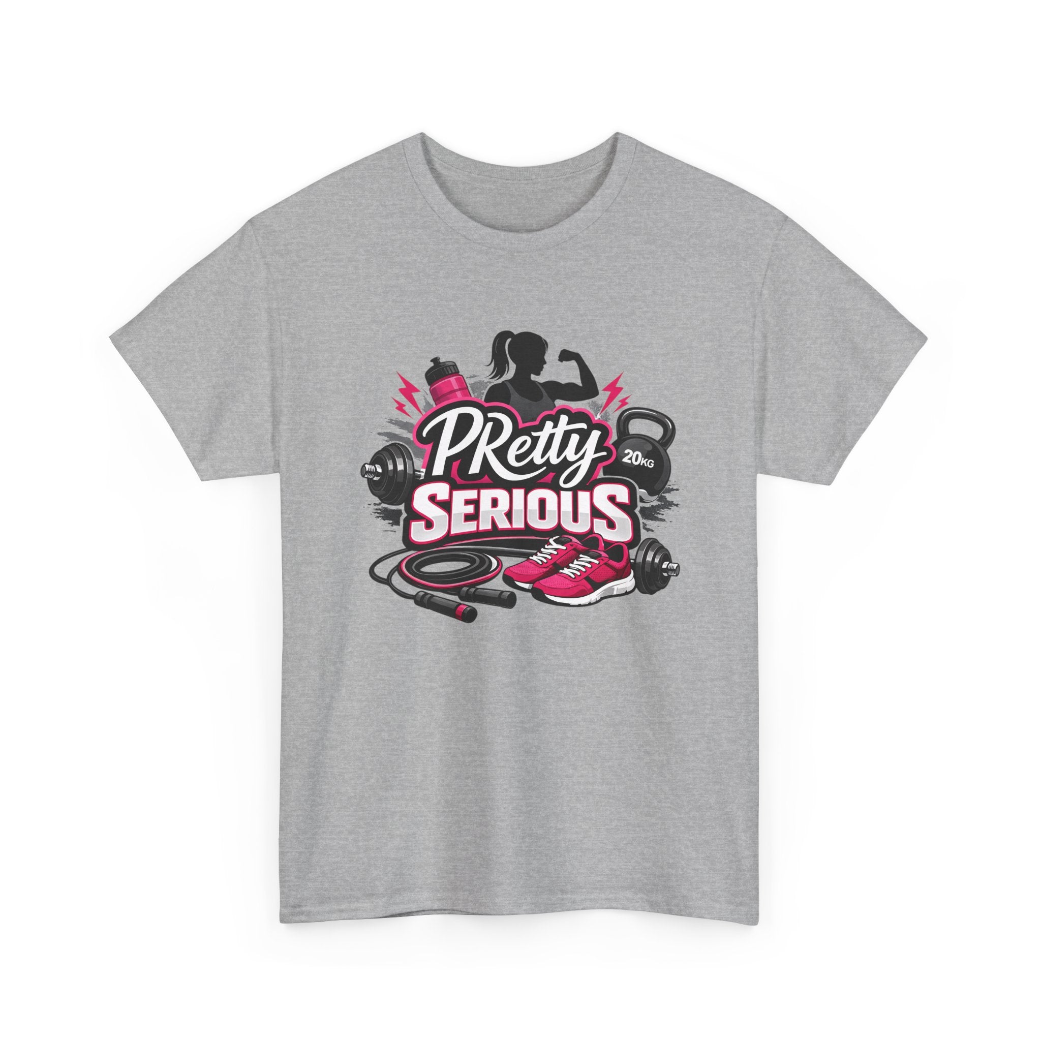 gym workout t-shirt with 'PRetty Serious' fitness graphic design on a white background