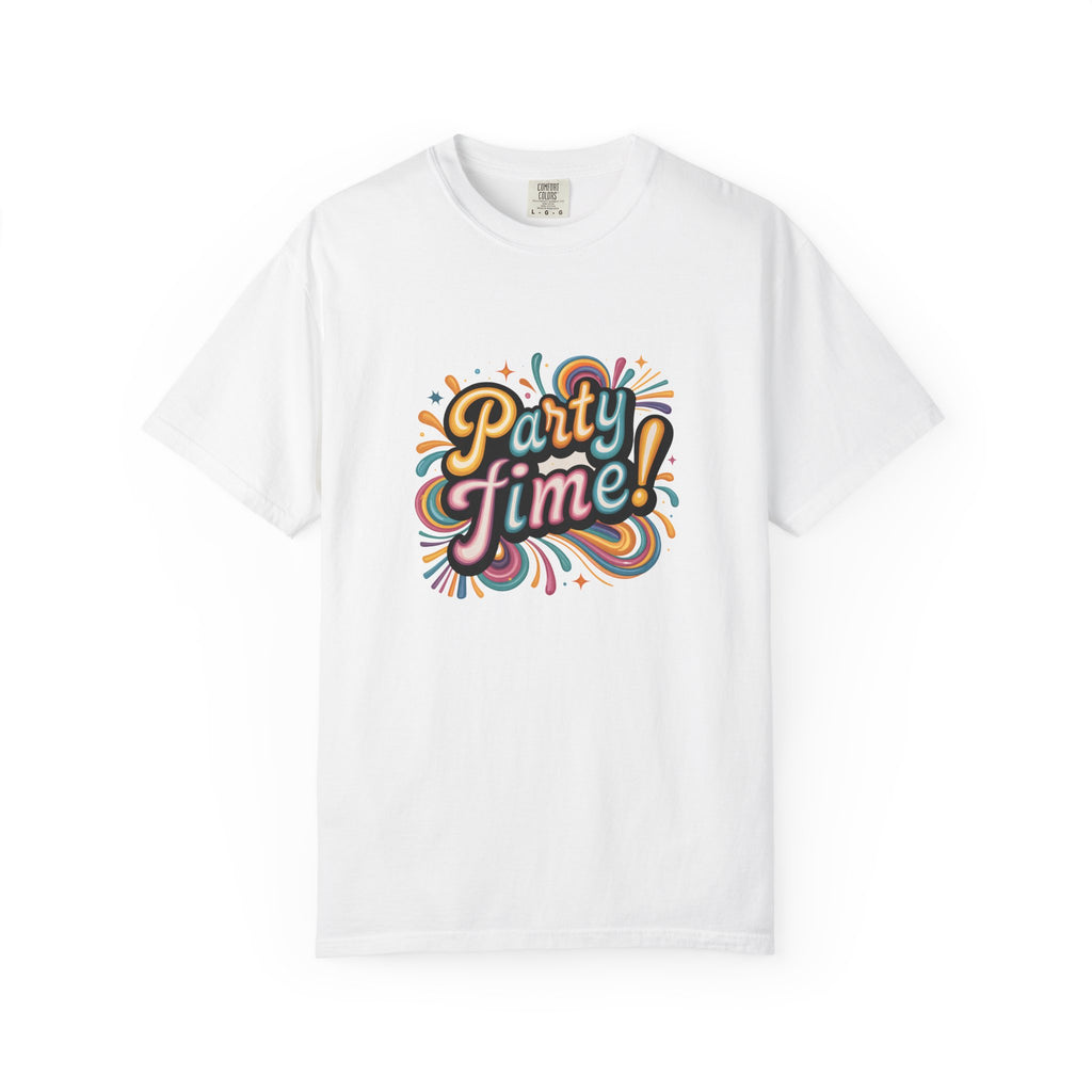 Colorful retro ‘Party Time!’ graphic with vibrant swirls, bold lettering, and playful decorative accents.