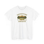 An outdoor scenic graphic with a canoe and lake with pine trees and mountains in the distance, with the text 'adventure awaits, stay wild, keep exploring', perfect for nature lovers.