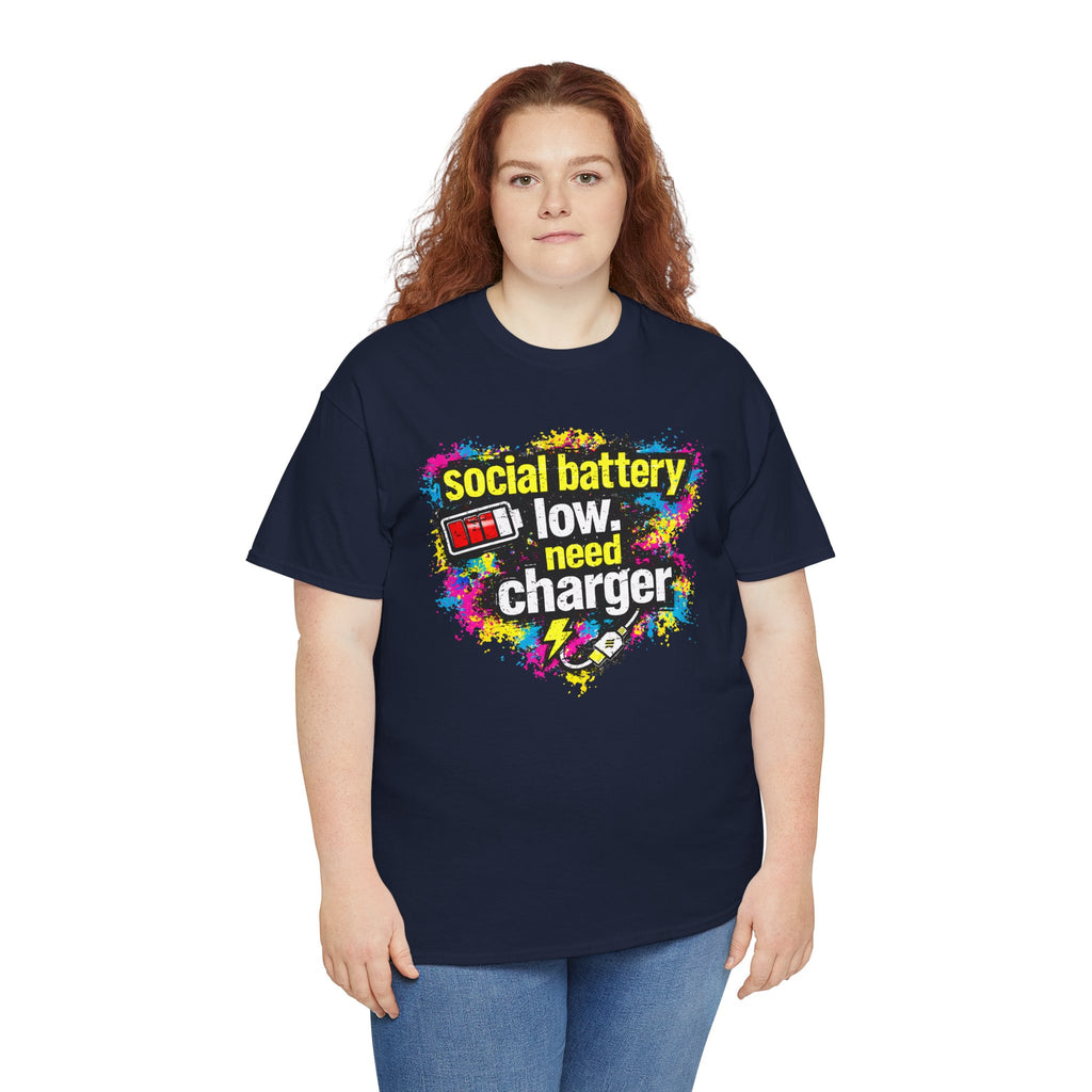 Social Battery Low Need Charger T-Shirt — Funny Sarcastic Introvert Graphic Tee