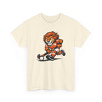 Beige t-shirt with a cartoon tiger playing field hockey design on a white background