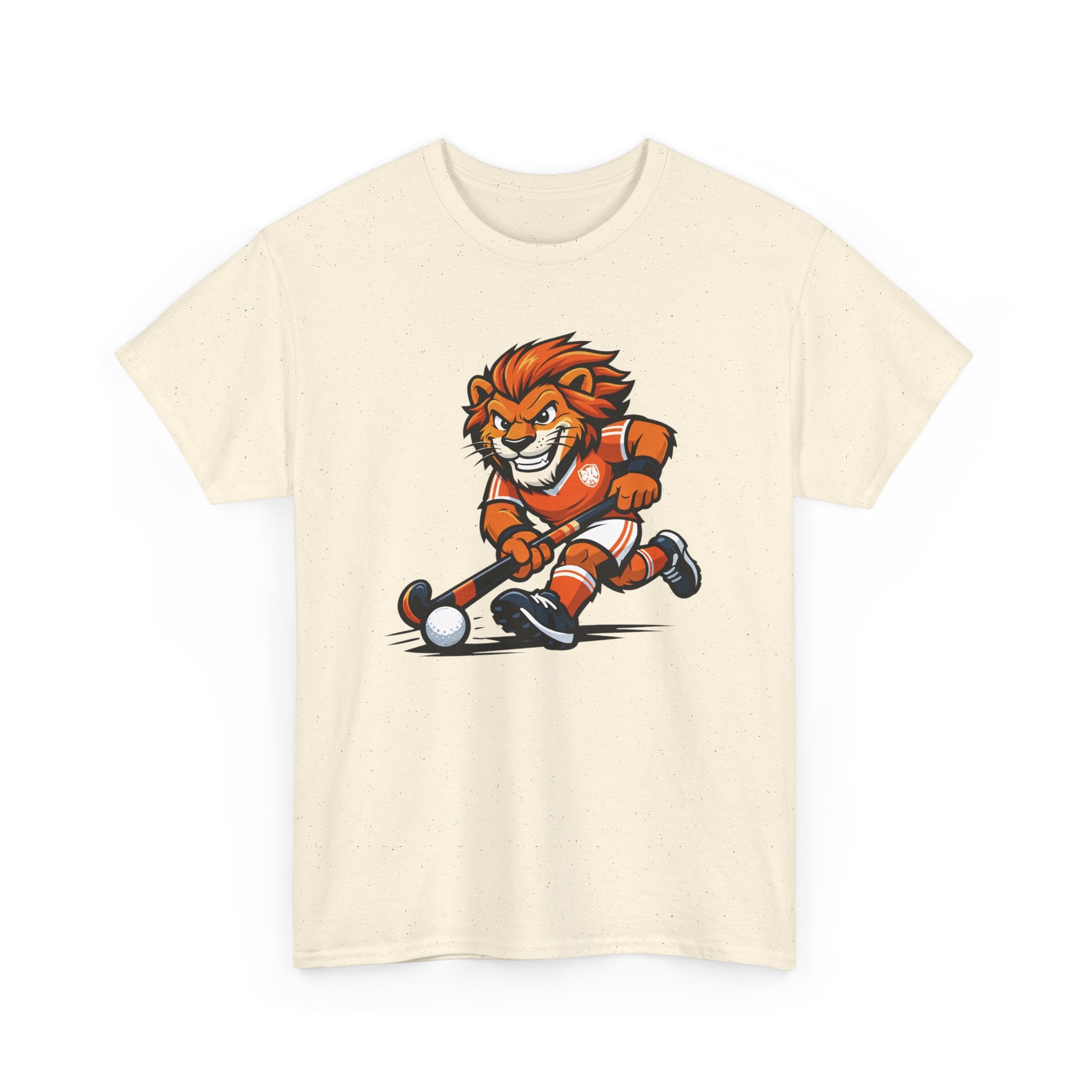 Beige t-shirt with a cartoon tiger playing field hockey design on a white background