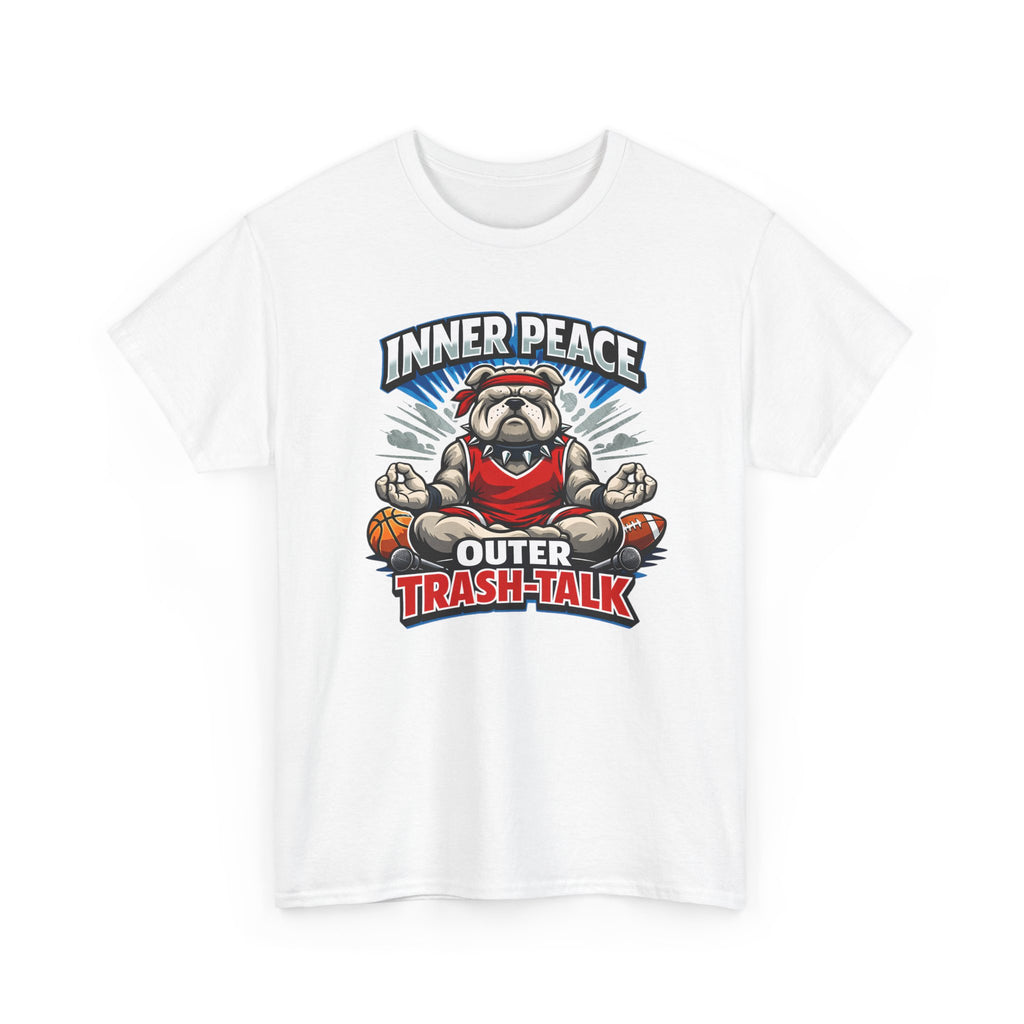 White t-shirt with a graphic design featuring a bulldog and text on a white background
