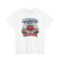 White t-shirt with a graphic design featuring a bulldog and text on a white background