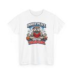White t-shirt with a graphic design featuring a bulldog and text on a white background