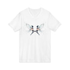 T shirt with symmetrical digital illustration of two glowing fairy silhouettes with ethereal wings and sparkling light effects on a black background, creating a magical fantasy art design.