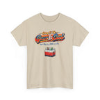 Beige t-shirt with funny text 'going to the game is cool but this is a little cooler' with a small cooler graphic